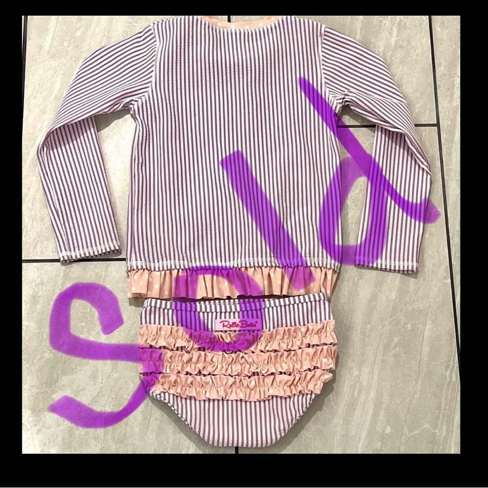 ♦️SOLD♦️Ruffle Butts 2 Piece Kids Swimsuit Set Seersucker Long Sleeve Rash Guard